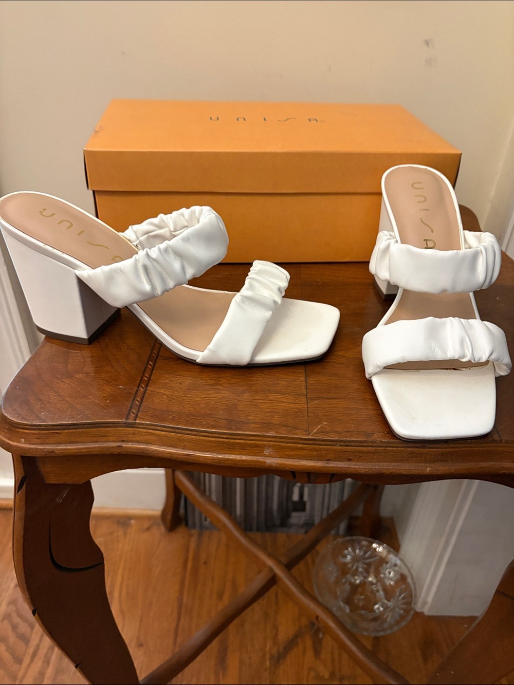 Unisa White Ruched Double-Strap Block Heels
